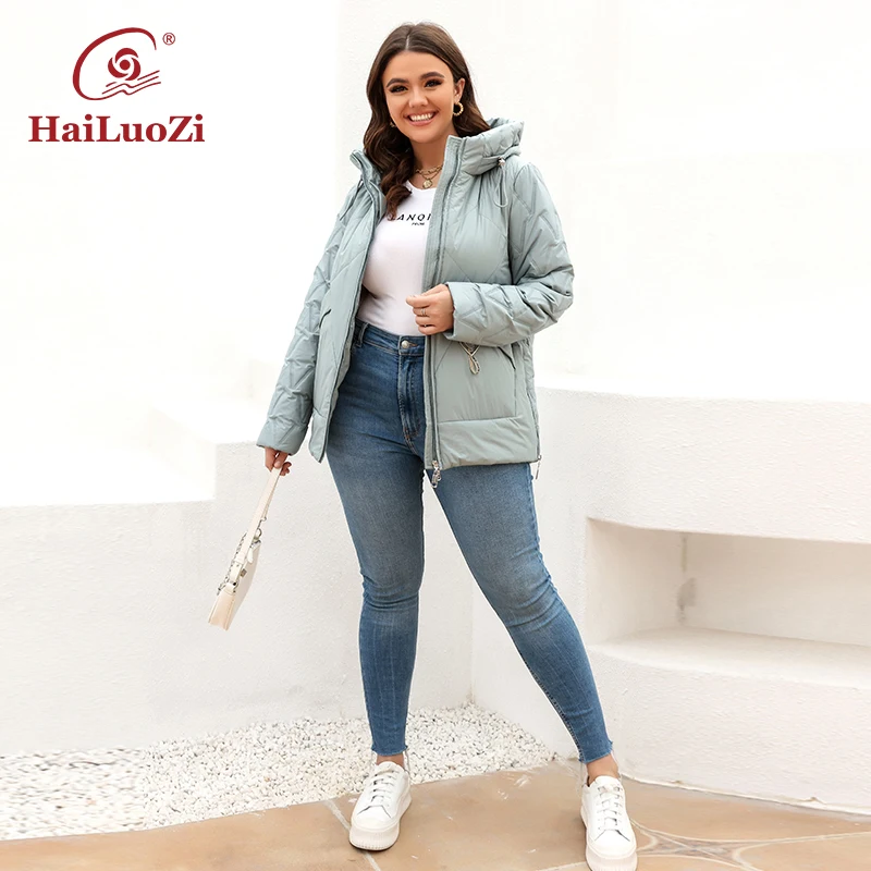 HaiLuoZi 2022 Spring Jacket Solid Color Plus Size Fashion Women Autumn Coat Casual Short Zipper Outwear Hooded Lady Parkas 7036