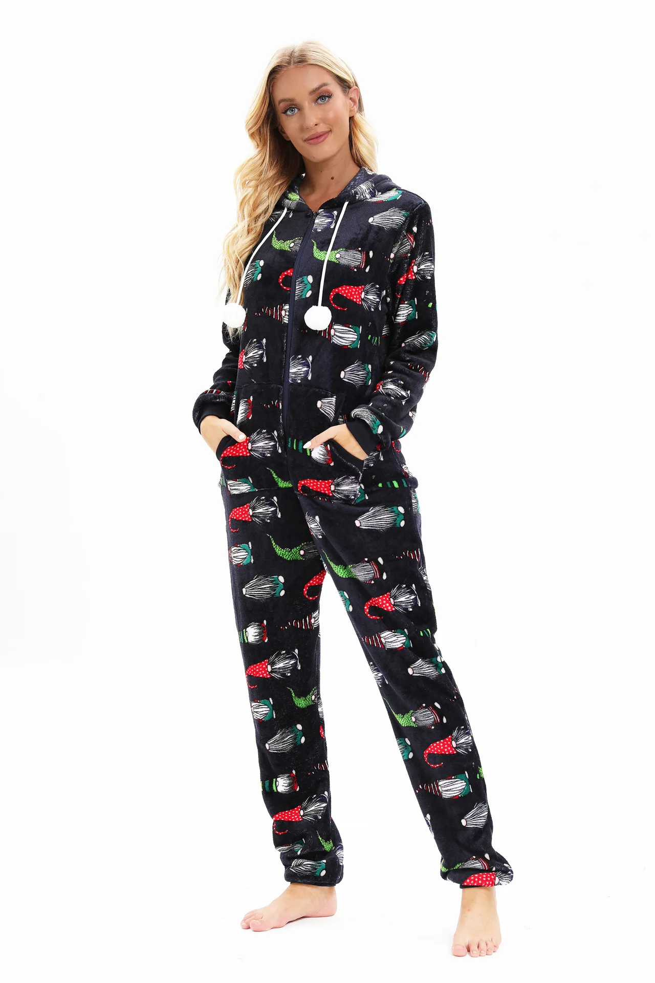 Adulto inverno quente pijamas cosplay macacão com capuz macacão de natal onesies feminino flanela preto impressão pijamas de uma peça