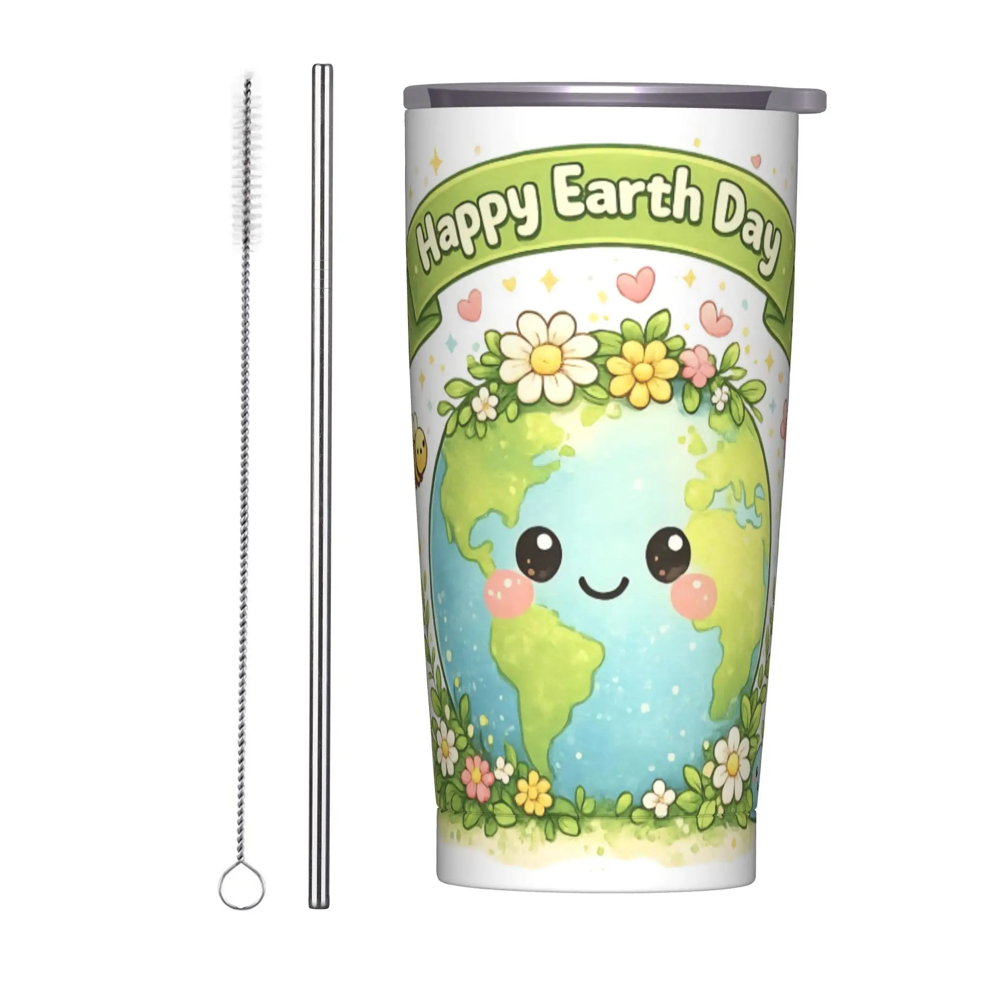 

Happy Earth Day Eco Friendly Nature Insulated Tumbler with Straws Stainless Steel Coffee Mugs Office Home Car Bottle Cups, 20oz