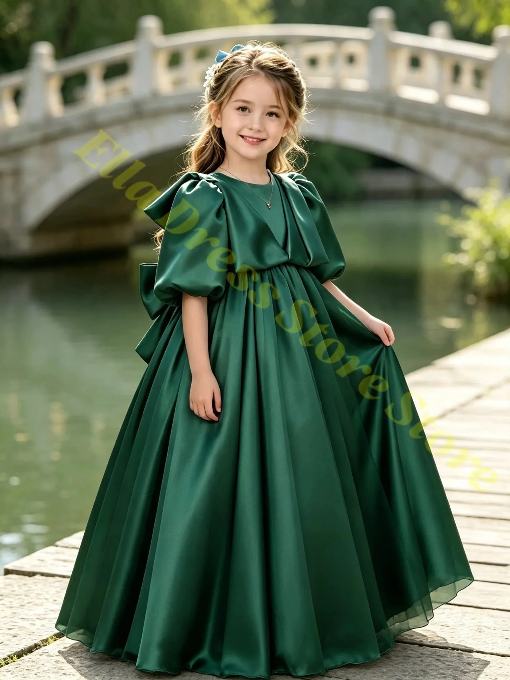 Girl Gown Stain Sky Blue Puff Sleeves Bow Flower Girl Dress for Wedding Evening Gown Formal Receptions Parties Customized