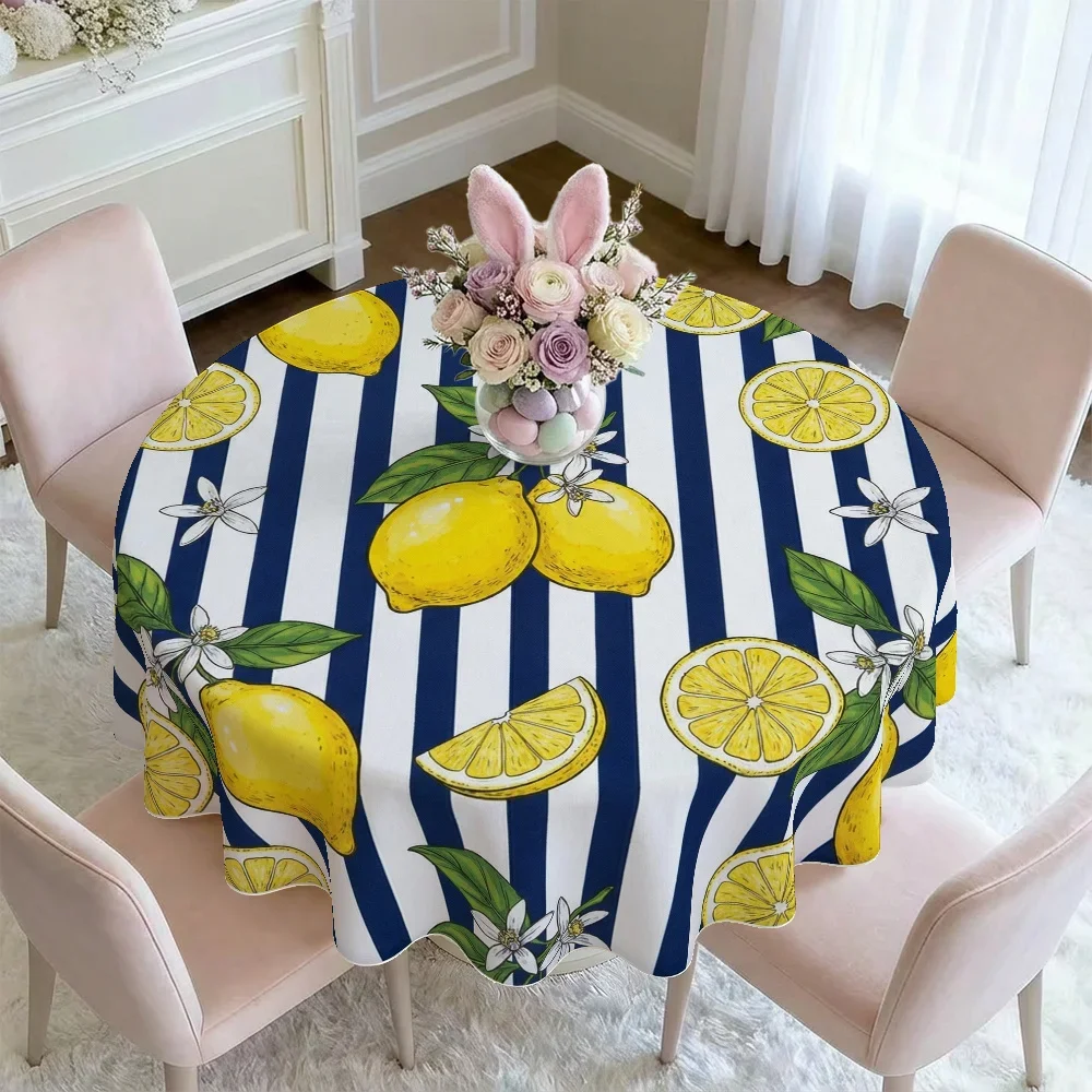 One modern round tablecloth with blue and white striped lemon pattern, 2D print, suitable for summerxzj