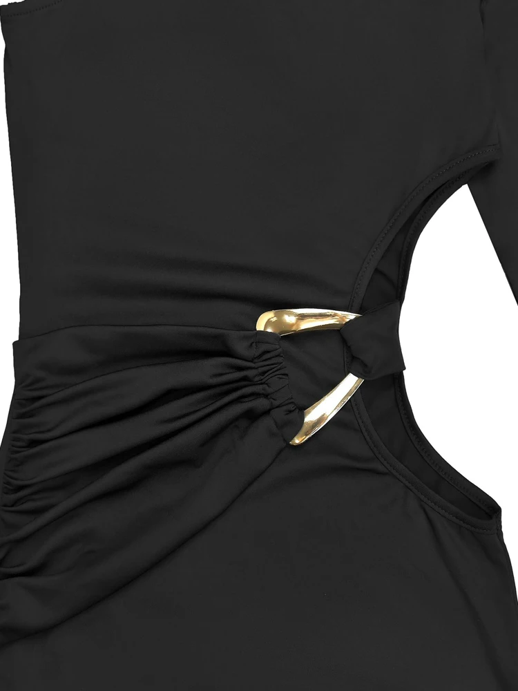 Elegancka sukienka maxi z jednym ramiączkiem i wycięciem, idealna na urodziny, sukienka damska z długim rękawem, metalowe detaliki, sukienka na imprezę, odzież klubowa.