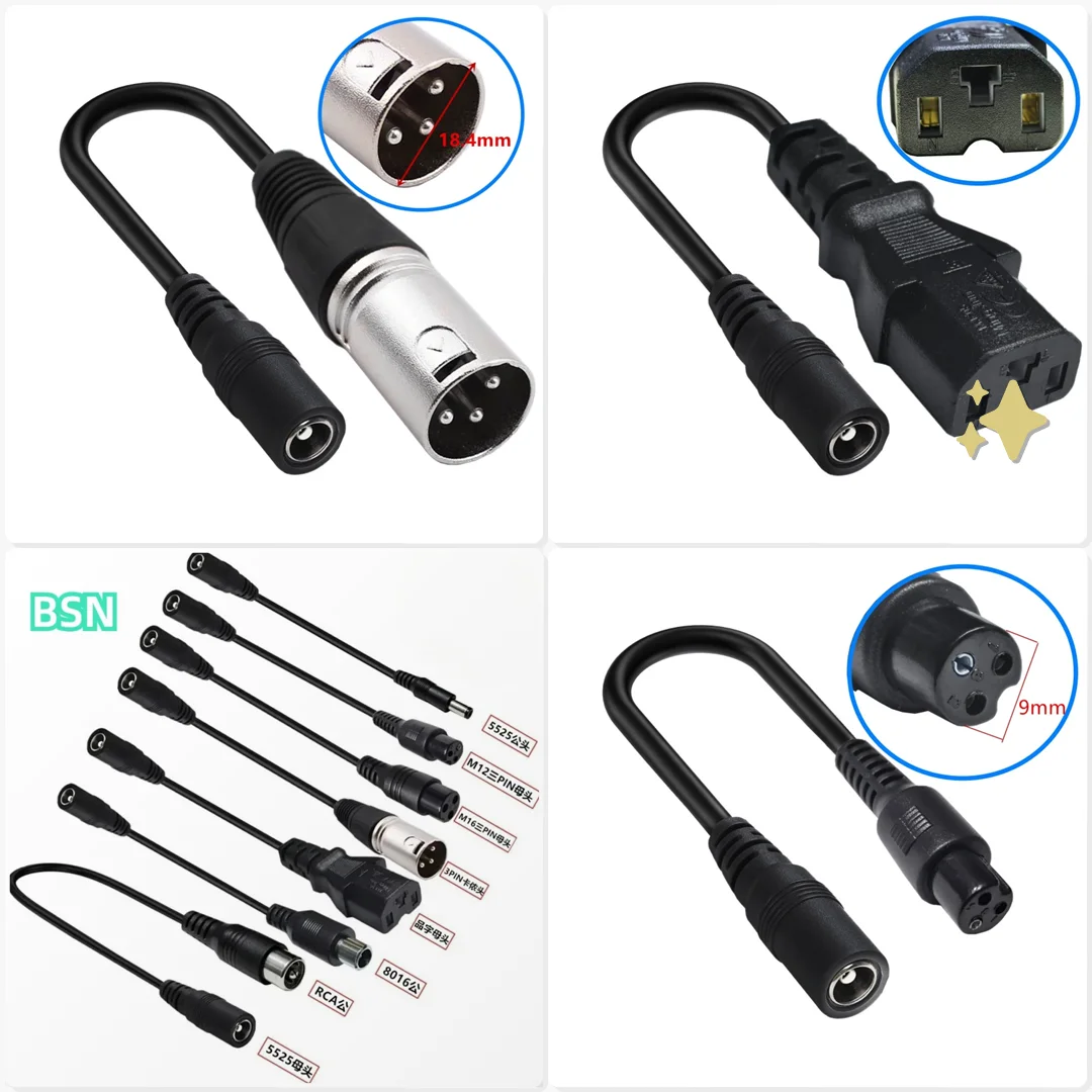DC 5.5X2.1 to XLR RCA M12 M16 3Pin IEC Adapter 7pcs for Scooter E Bike Charger Audio System Plug Connector Set