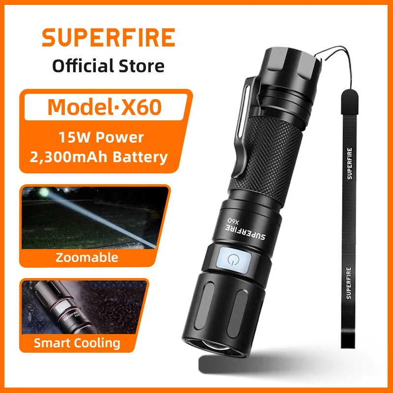 

SUPERFIRE X60 xhp50 LED Flashlight 15W Zoomable USB-C Rechargeable Aluminum Alloy EDC Torch Waterproof for Camping Lantern