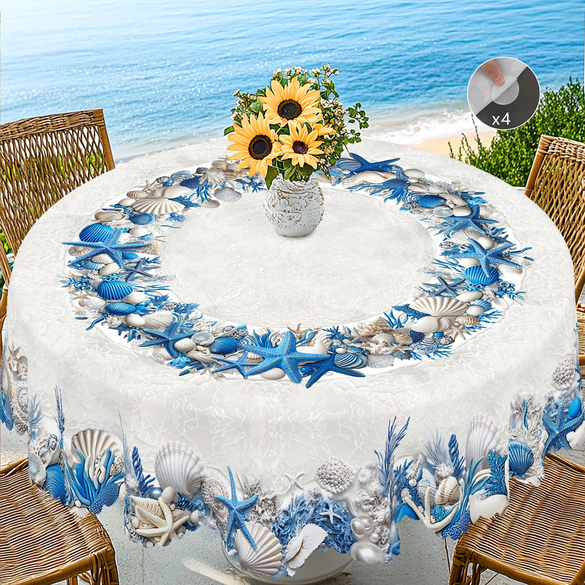 1 Piece Summer Ocean Theme Tablecloth, Shell, Pearl, Starfish Pattern Design, Country Farmhouse Style, Suitable for Camping Style Picnic, Holiday Party, Garden Birthday Party Decoration, Kitchen Accessories, Restaurant Terrace, Indoor and Outdoor Tablecloth, Perfect Gift for Friends, Multiple Sizes Available