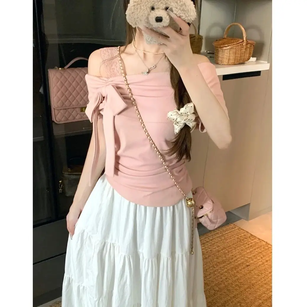 

Off Shoulder T-Shirt Y2K Japanese 2000S Womens Cinched Waist Design Fashion Gathered Tightening Defined Cool Trendy Chic Slim GF