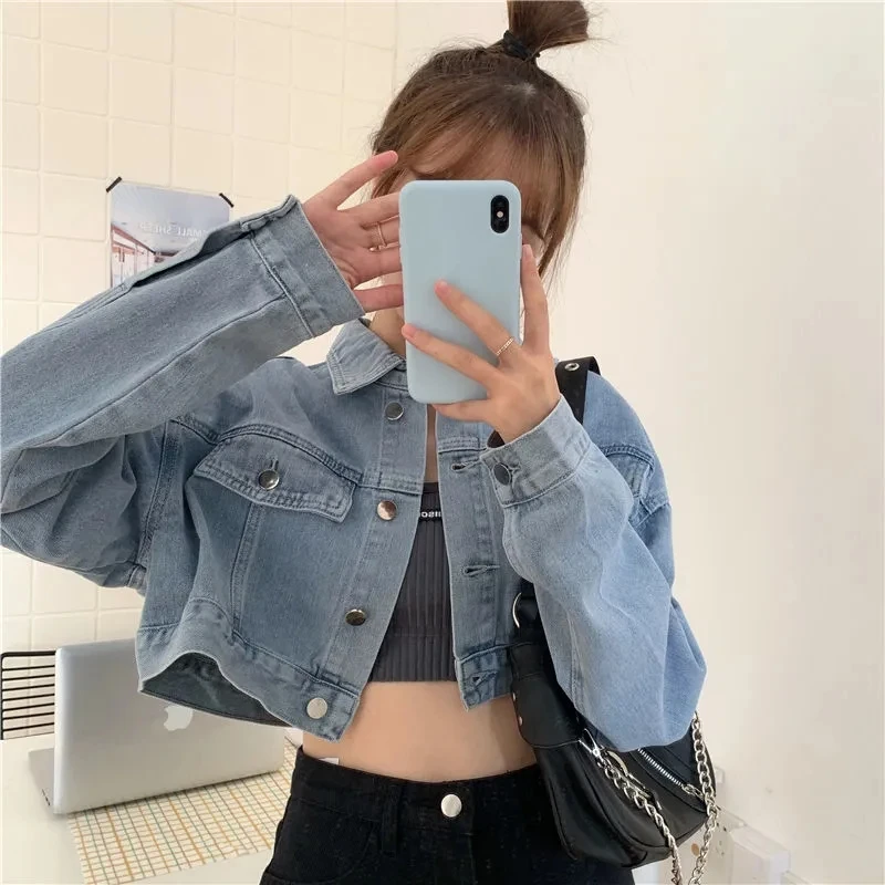 Women Vintage Fried Street Jeans Jackets, Short Outwear, High Waist, Loose Long Sleeve Denim Coat, Street Clothes, Spring, Summe