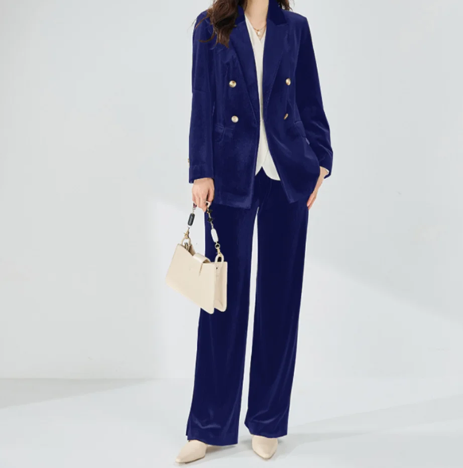 Women\'s 2 Piece Velvet Luxury and Elegant Women\'s Suit Classic Fit Double Breasted Pants Woman Blazer