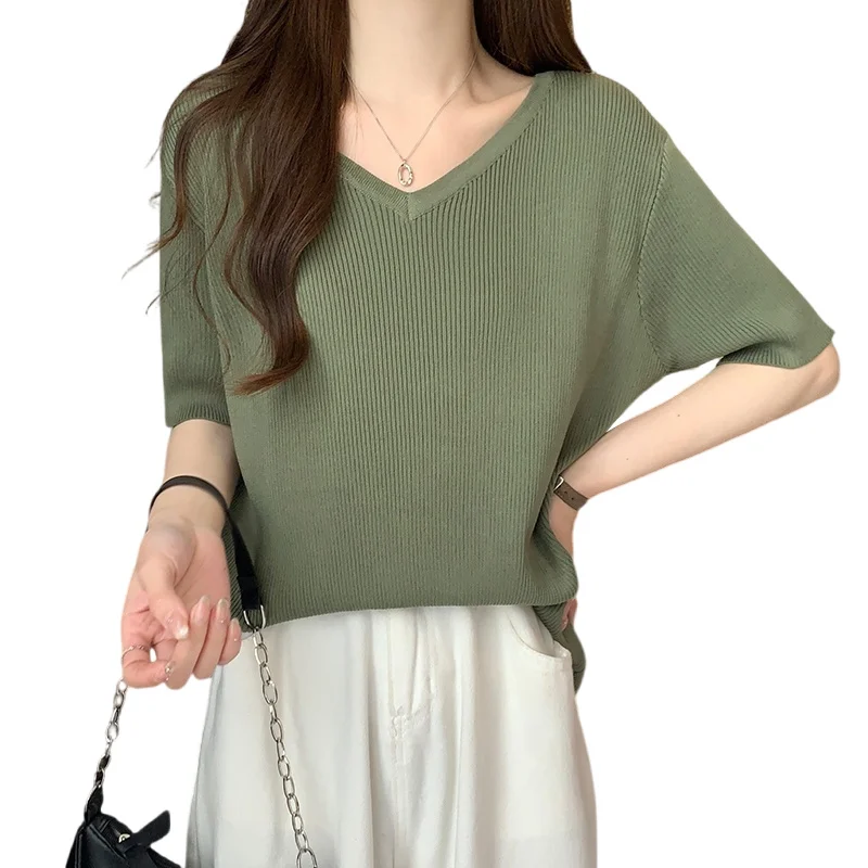 XL-4XL Large Size Short Sleeve Sweaters Women Summer V-Neck Knitted Short Sleeve Oversize Top Solid Color Knitwear Thin Pullover