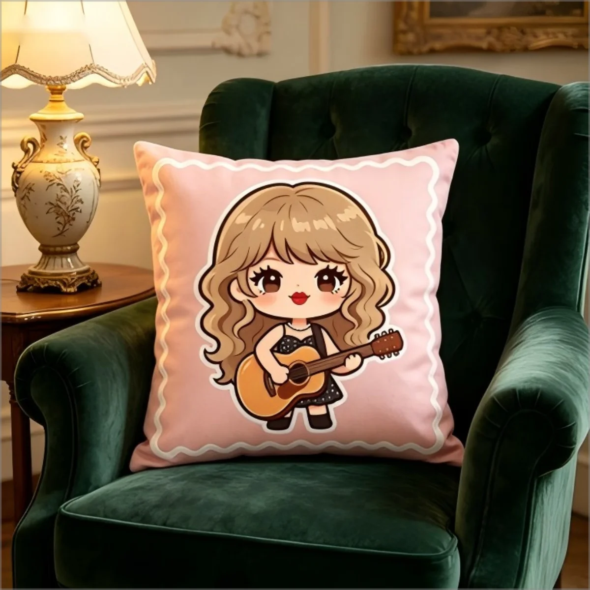 Cute Chibi Girl Guitar Print Throw Pillow Cover, Pink Soft Decorative Cushion Case for Sofa Bedroom