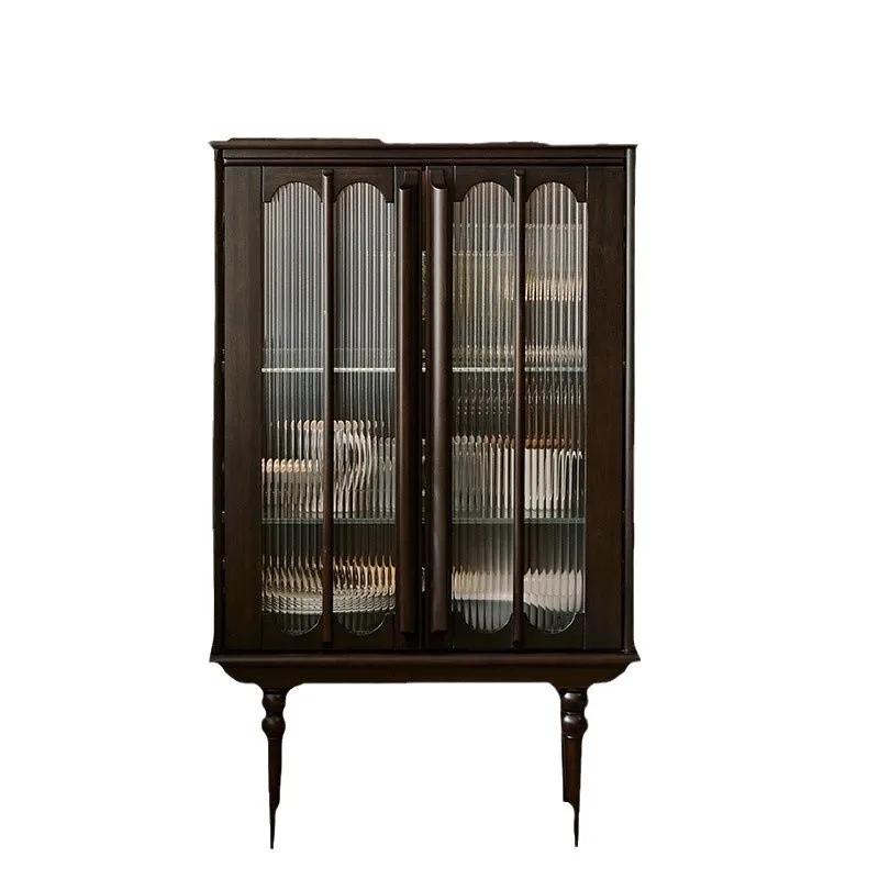 

American solid wood side cabinet dining side cabinet black retro high-end living room storage high-side cabinet
