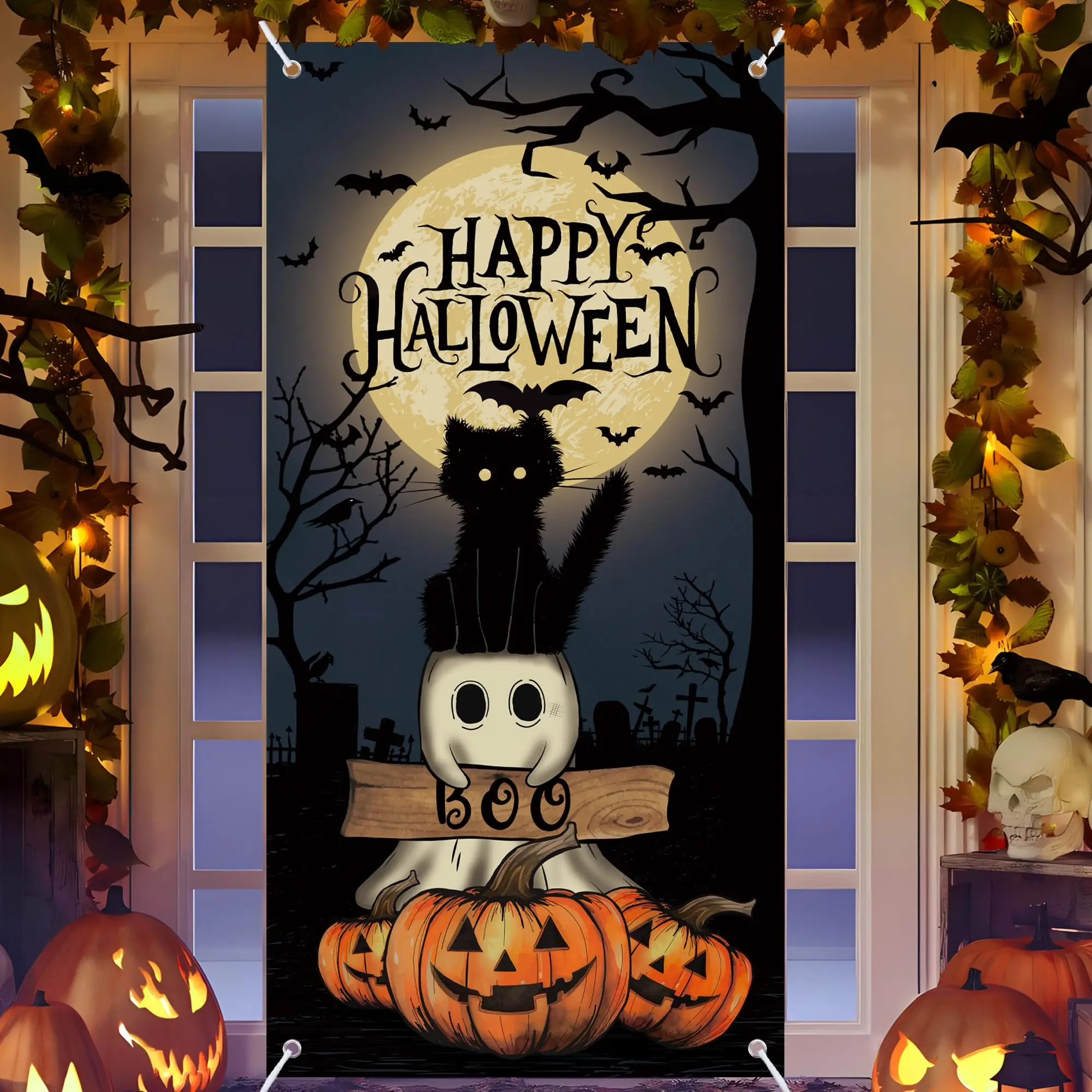 

VIKAMA Halloween Atmosphere Tapestry Black Cat Ghost Pumpkin Lights Theme Living Room Porch Decoration Party Arrangement Decor