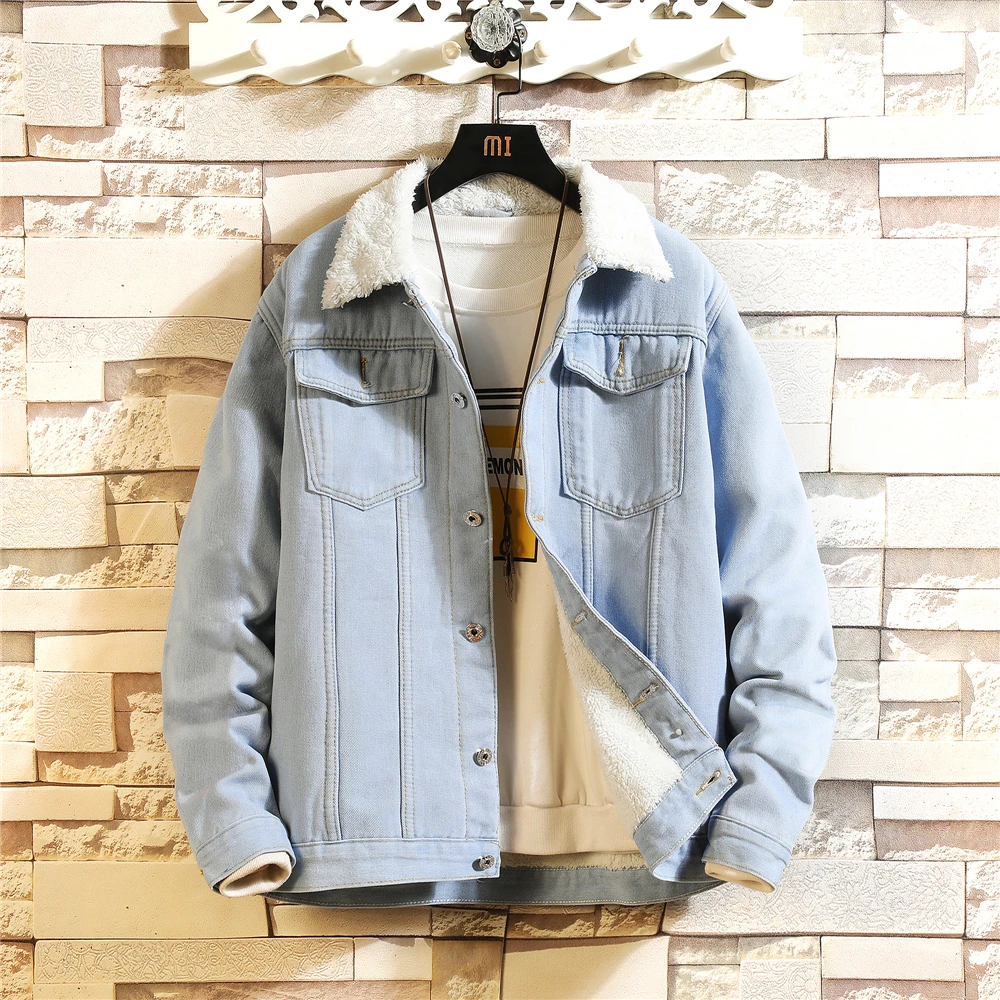 

Men Fleece Thick Warm Jacket Coat Mens Trendy Lamb Fur Casual Denim Jacket Winter Fashion Mens Jean Outwear Male Cowboy Jackets