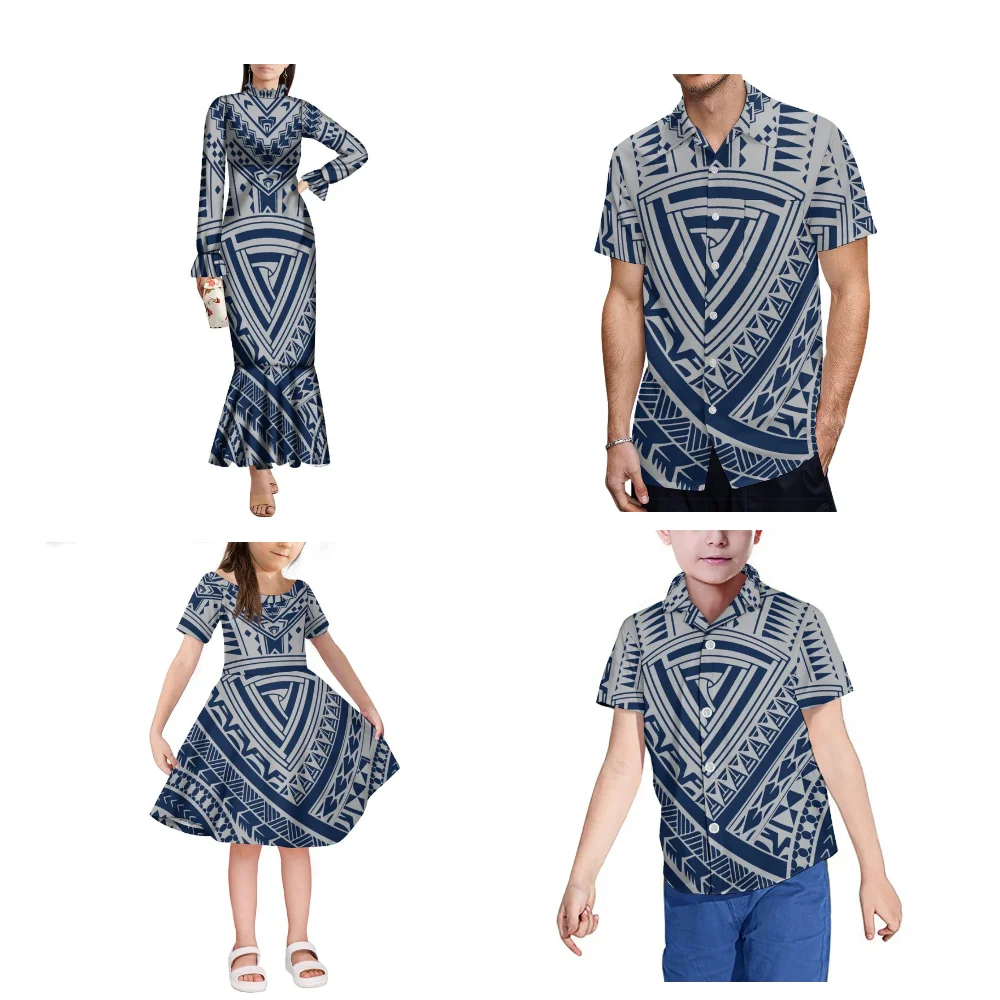 Elegante mamma ragazza vestito casual papà figlio tasca camicia Samoa Isole Fiji abbigliamento familiare polinesiano personalizzato di alta qualità 2025