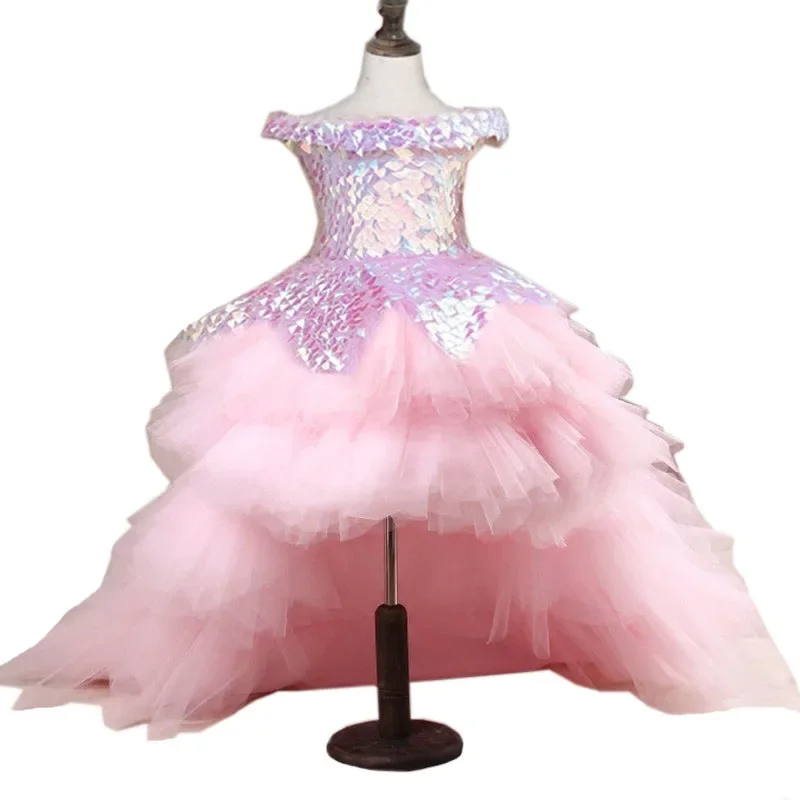 Flower girl Dress Children Wedding Bridemaid Dresses Kids Pink Tutu Sequin Gowns Boutique Party Wear Elegant Frocks