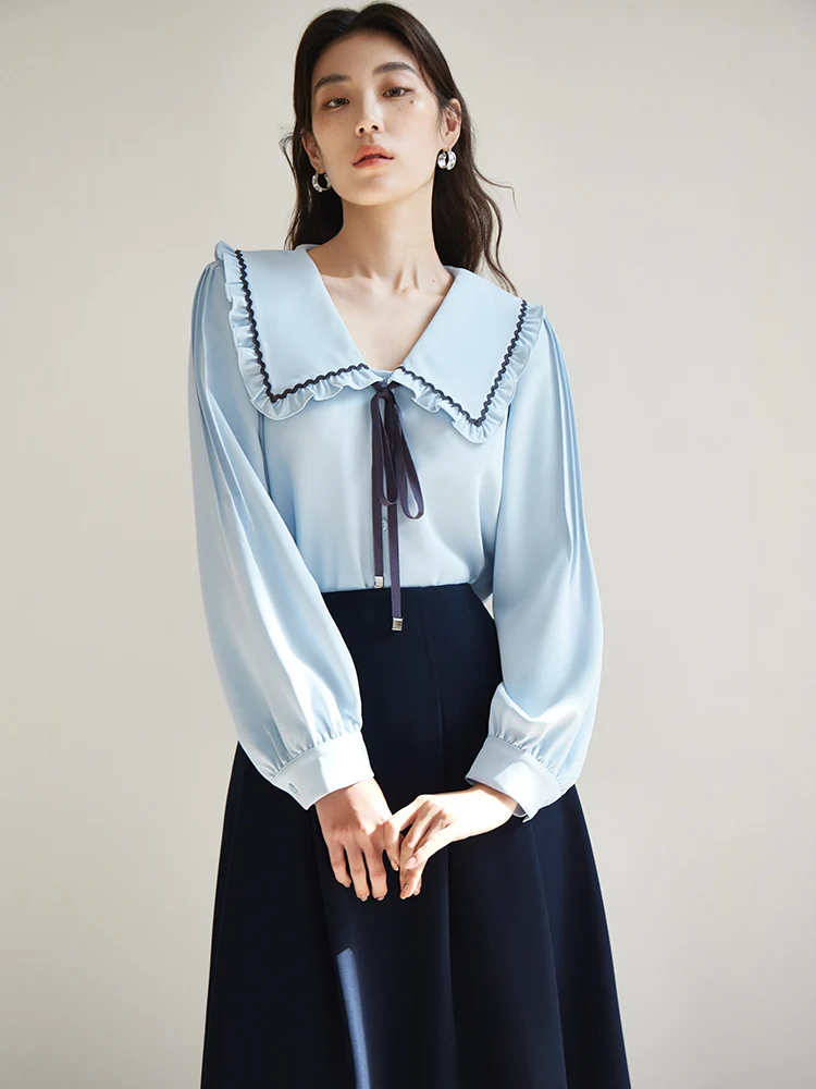 DUSHU Doll Neck Sweet Shirt Full Sleeve Shape Temperament For Women Shirt 2024 New Spring Women Blue Women Shirts Casual Loose