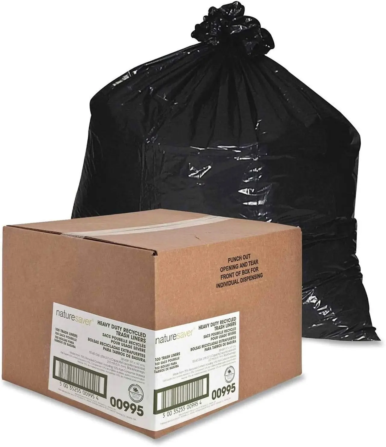 

00995 Trash Can Liners,Rcycld,55-60 Gal,2.0mil,38-Inch x58-Inch,100/BX,BK