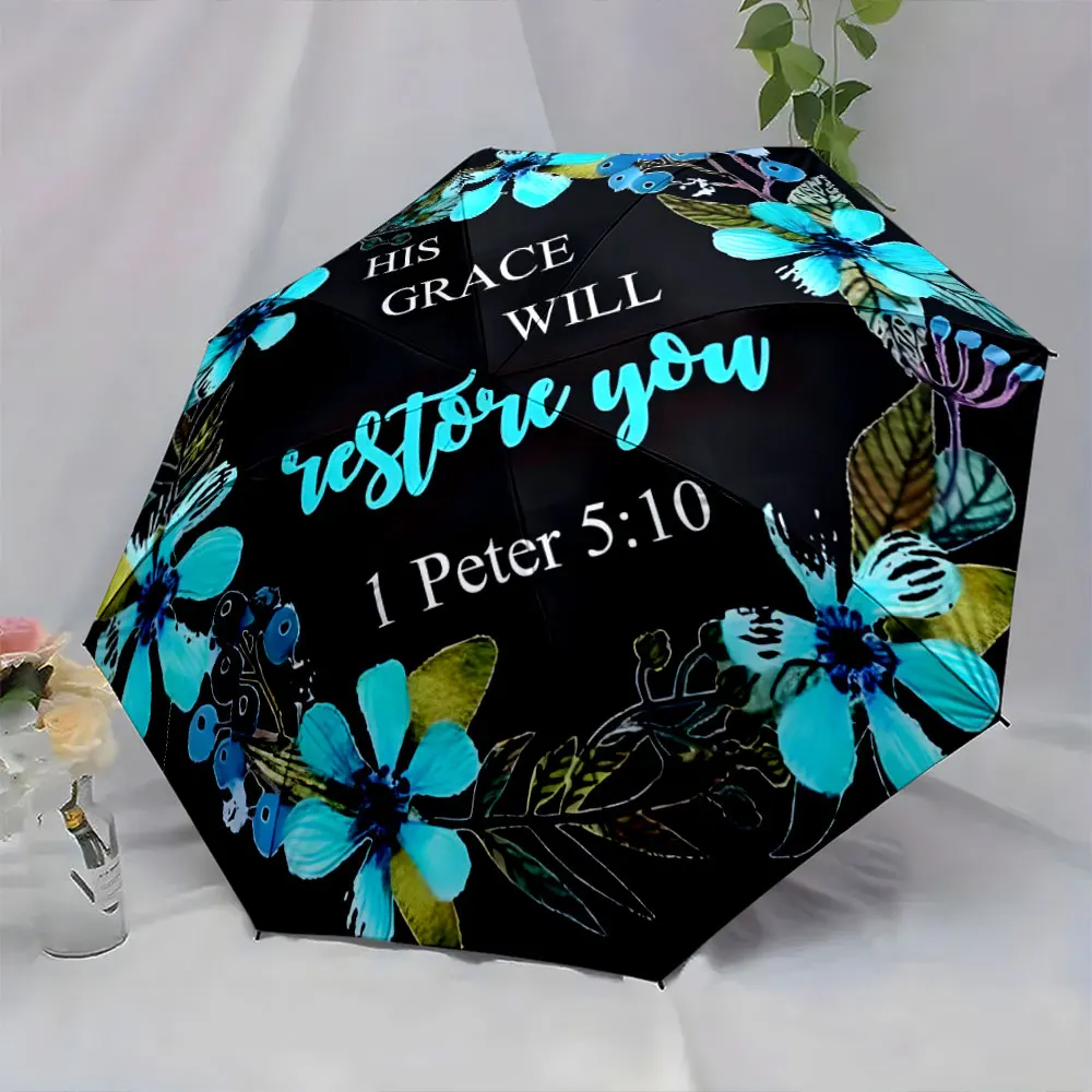 1PC Faithful Grace: His Words on a Floral Umbrella Print 8 Iron Ribs Folding Umbrella Auto-Open Fashion Sunshade