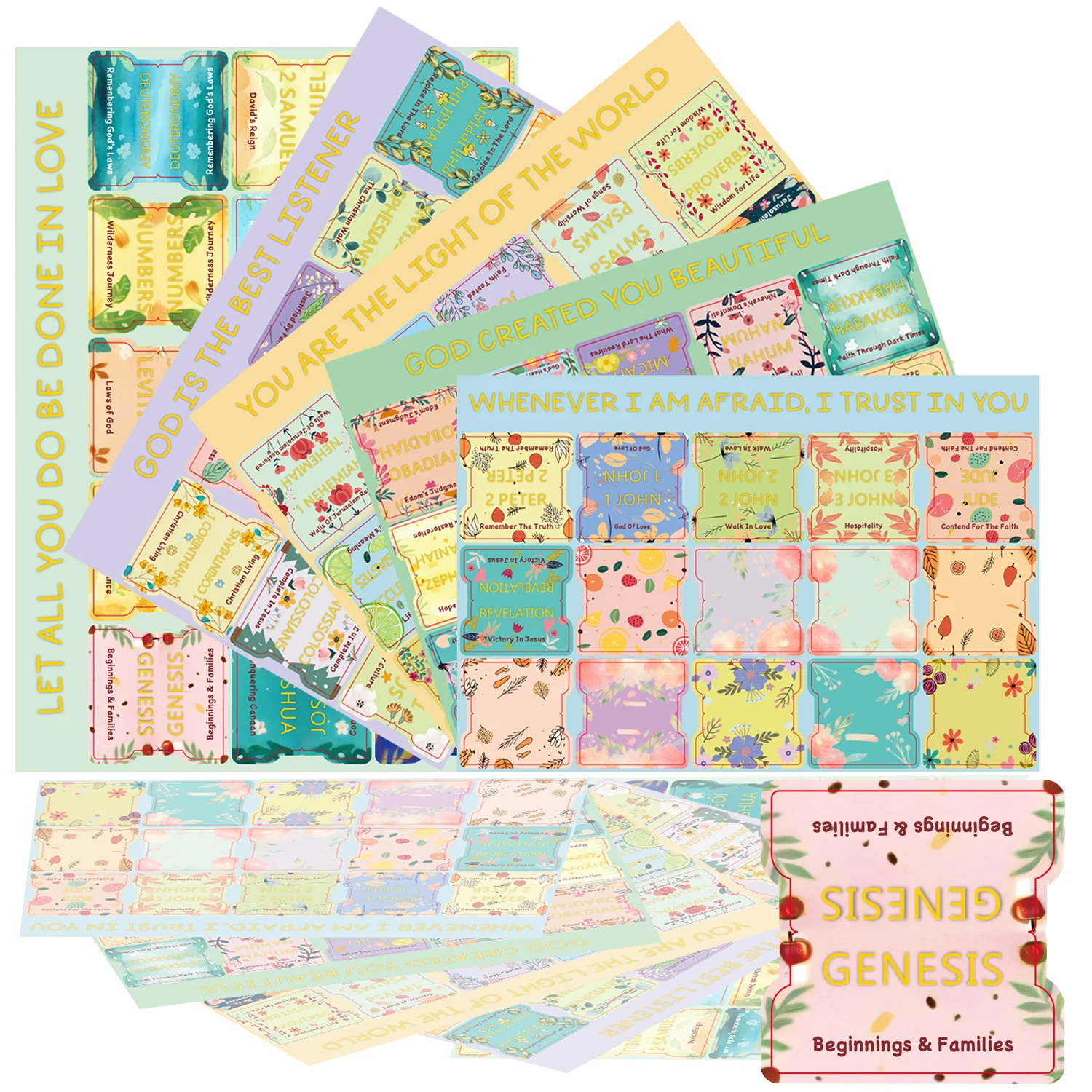 Pastel Bloom Bible Tabs-Soul Nourishing Book Summaries-66 Peel-and-Stick Laminated Bible Tabs&9 Customised Blank Labels+Bookmark