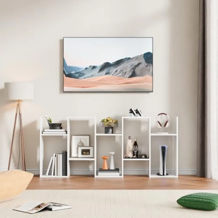 Living room office bookshelf set: geometric S-shaped 62 tall abstract bookcase, engineered wood, white, 5-tier display shelf wi view 5
