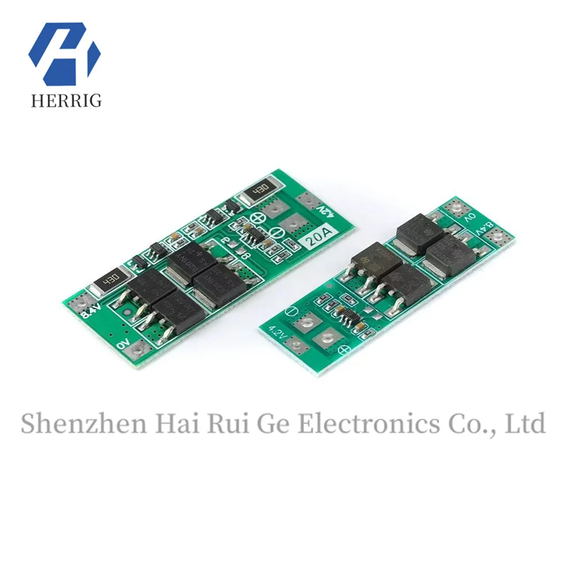 

2-cell 7.4V/8.4V 18650 lithium battery protection board with balancing and 20A current capacity