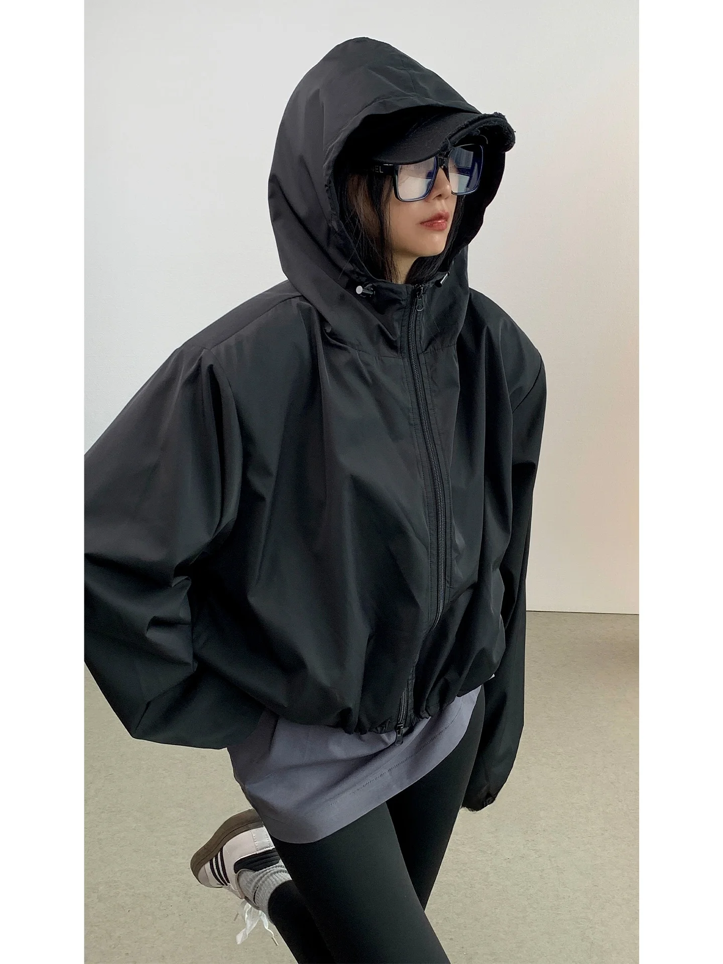 

Casual Simple Net Version ort Hooded Jaet Women's Autumn New Sle Bla Dstring Waterproof Windproof Sunscreen Clothes