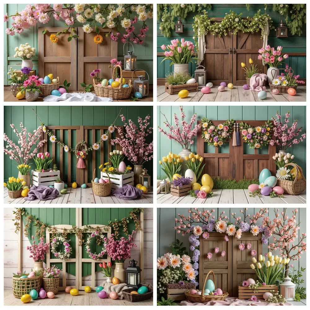 

MOON.QG Spring Easter Background Photography Flowers Fence Eggs Photocall Backdrop Children Studio Photobooth Supplies