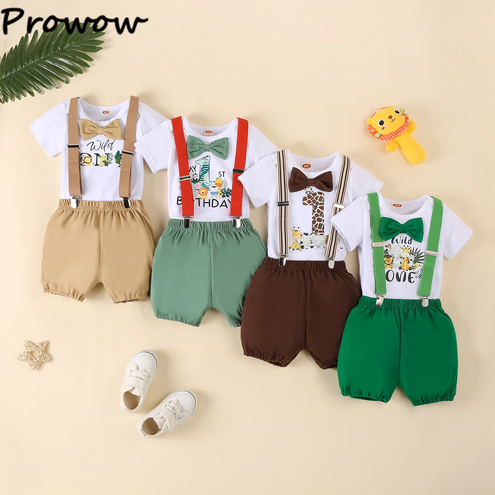 Baby Boys Birthday Outfits Sets Animal Print Necktie Romper and Y-back Suspender Shorts 1 Year Birthday Baby Cake Smash Clothes