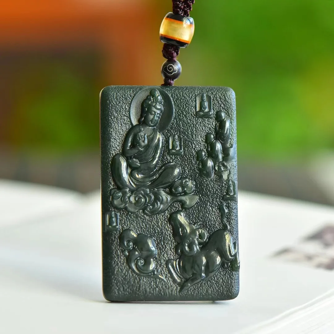 

Hotan Green Jade Carved Three Saints Avalokitesvara 39*60*10MM Pendant Jewelry 22090#