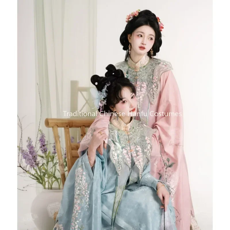 Originele Chinese moderne groene lente opstaande kraag rok vest geborduurde wolk schouderrok orse gezicht rok roze Hanfu