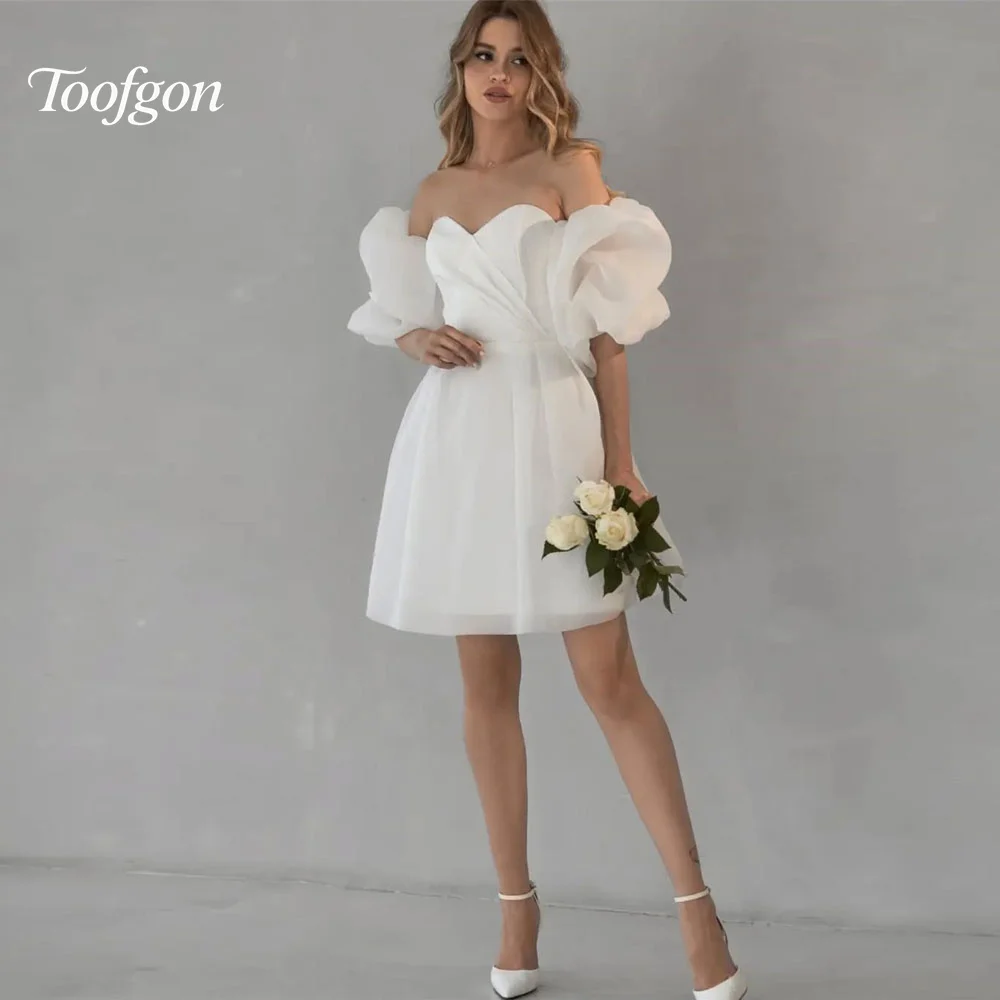 

Toofgon Customized Sweetheart Short A Line Wedding Dresses Pleats Organza Short Sleeve Bride Gown Corset Backless Party Gowns