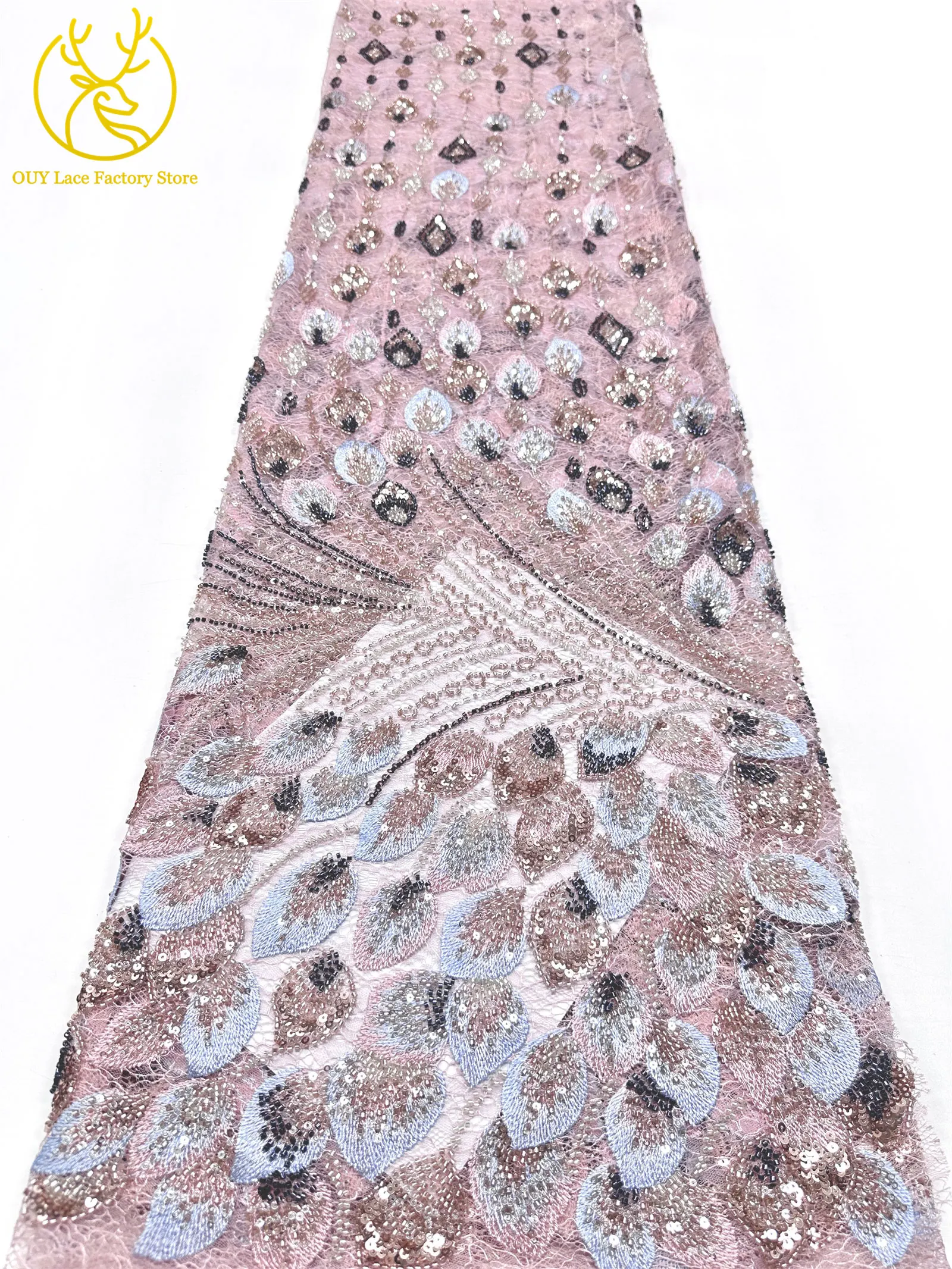 Nigerianischer Spitzenstoff im neuen Stil mit 3D-Stickerei, 5 Yards, eleganter afrikanischer Spitzenstoff mit Perlen und Pailletten für Brautkleider und Hochzeitskleider zum Nähen – Detail 14