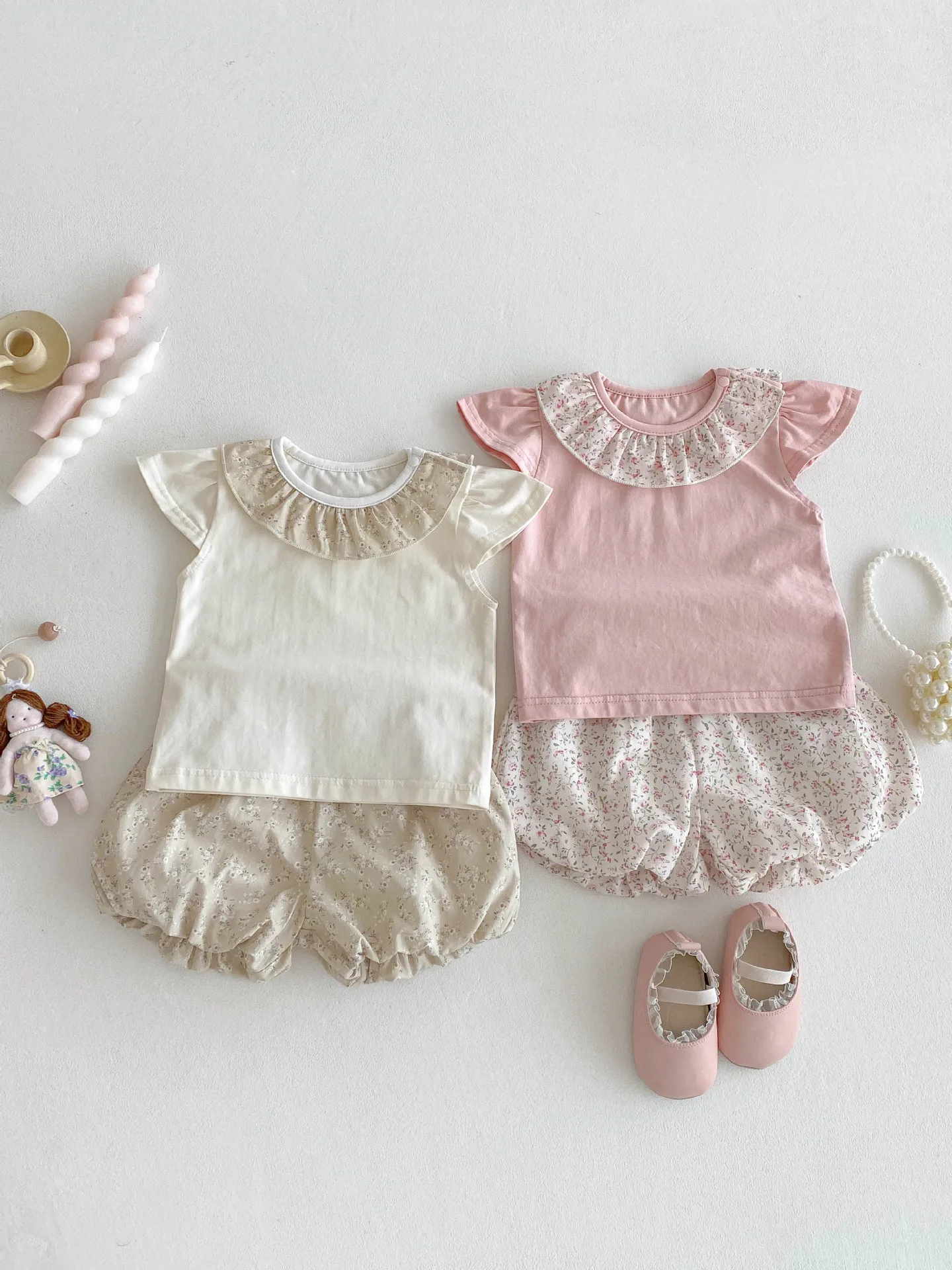 

2025 New Summer Thin Korean Style Cute Baby Girl Clothes Stylish Floral Short-Sleeve & Shorts Two-Piece Set