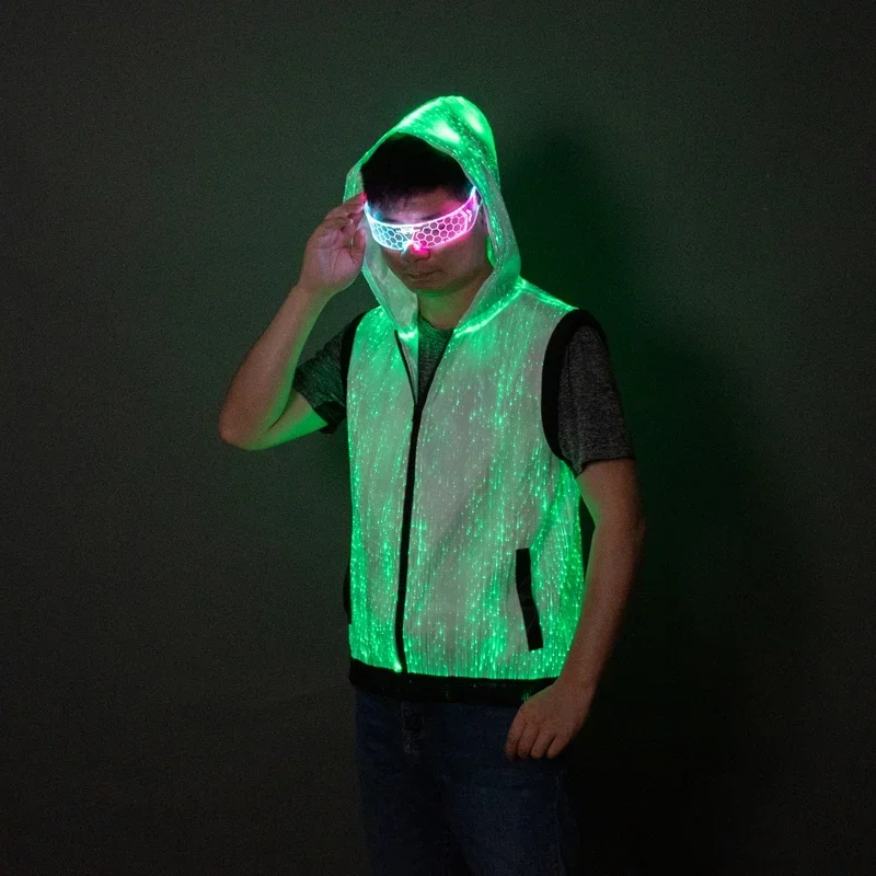 LED Light Up Optical Men Jacket Hoodie Vest Coat Luminous Rave Costume Party Nightclub DJ Stage Dance Wear Fancy Circus Show