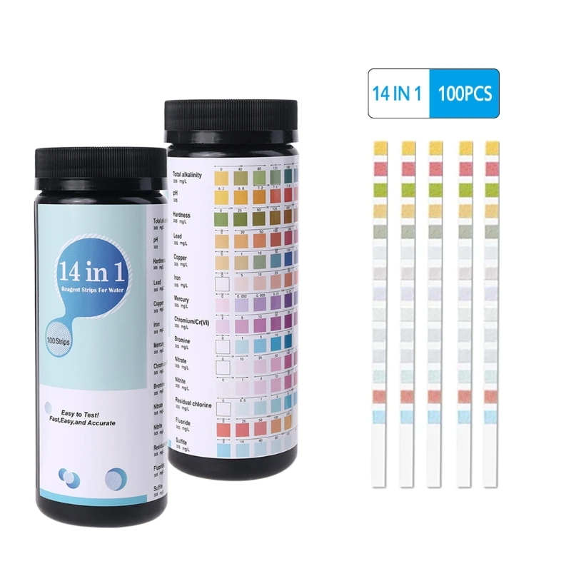 

100Pcs 14-in-1 Drinking Water Test Strips Professional Water Quality Test for Well Tap Water Hardness PH Nitrate Chlorine
