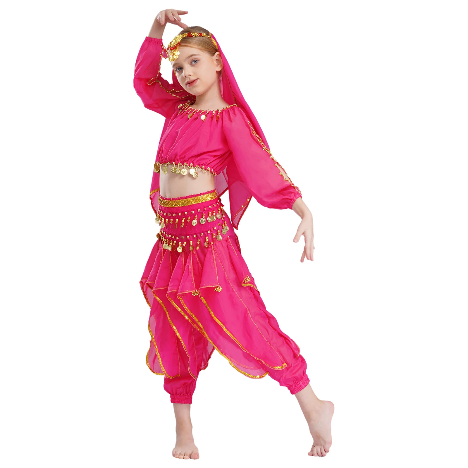 Kids Girls Belly Dance Costume Halloween Carnival Party India Bellydance Long Sleeve Crop Top with Pants Waist Chain Headscarf