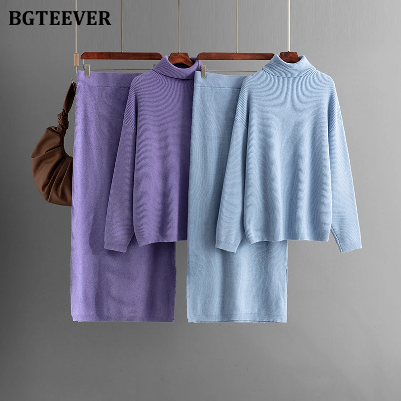 

BGTEEVER Осенне-зимний женский комплект из 2 предметов: свитер с высоким воротом и длинными рукавами, вязаная юбка с разрезом