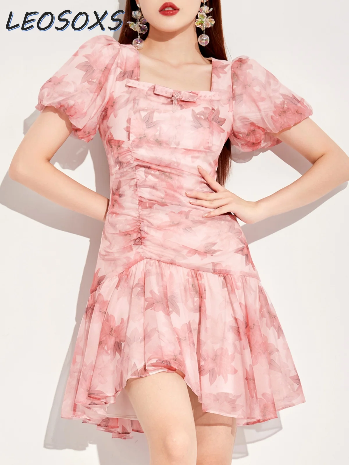 Hot Sale Pink Printed Chiffon Dress Women's Summer 2024 Square Collar Puff Sleeve Slim Fit Fishtail Mini Dress Women Clothing