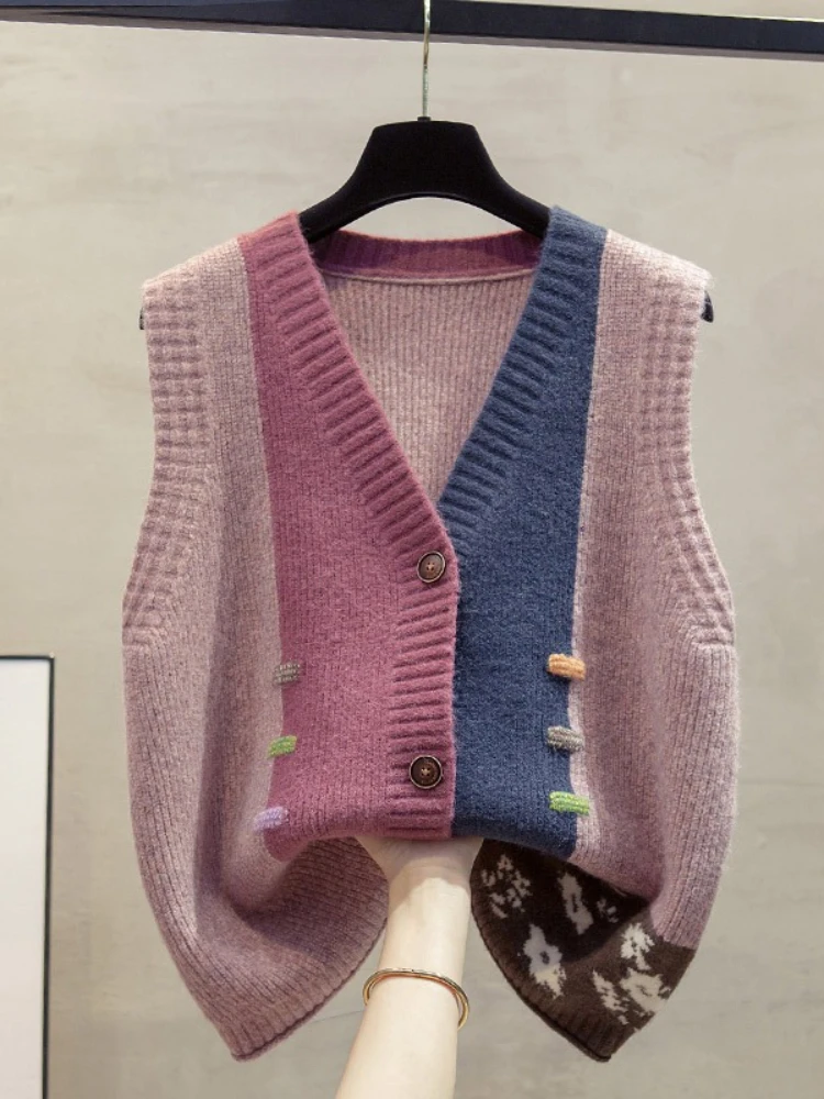 

2025 Autumn New Sweater Vest V Neck Single Breasted Contrast Color Jacquard Cardigan Fashion Vintage Knit Tops Women's Clothing