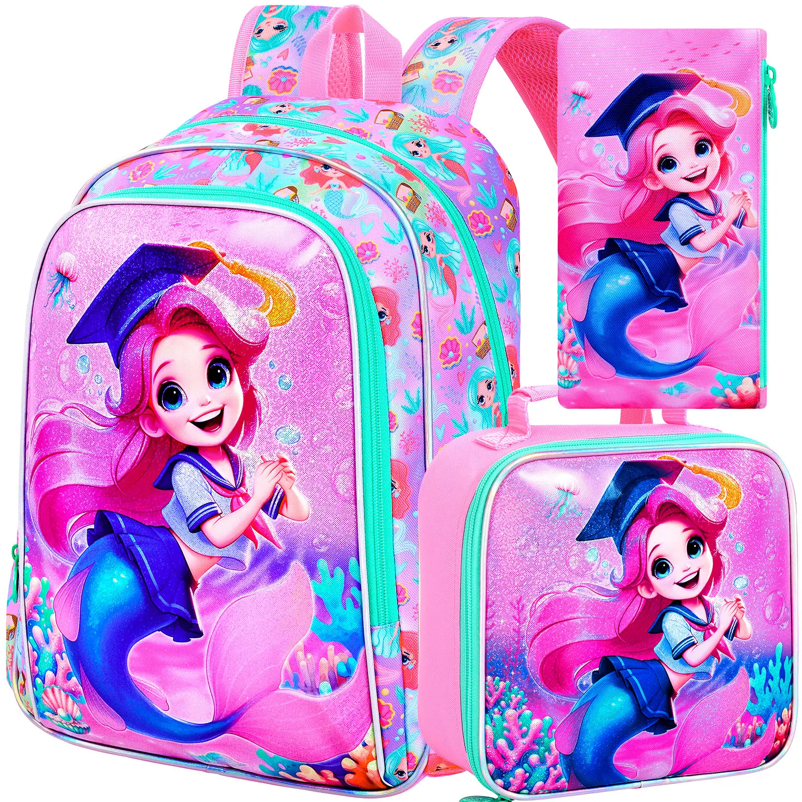 

3PCS Mermaid Backpack, 16" Girls Bookbag with Lunch Box, Kids Elementary Prechool Toddler Shool Bag - Pink Dr. Mermaid