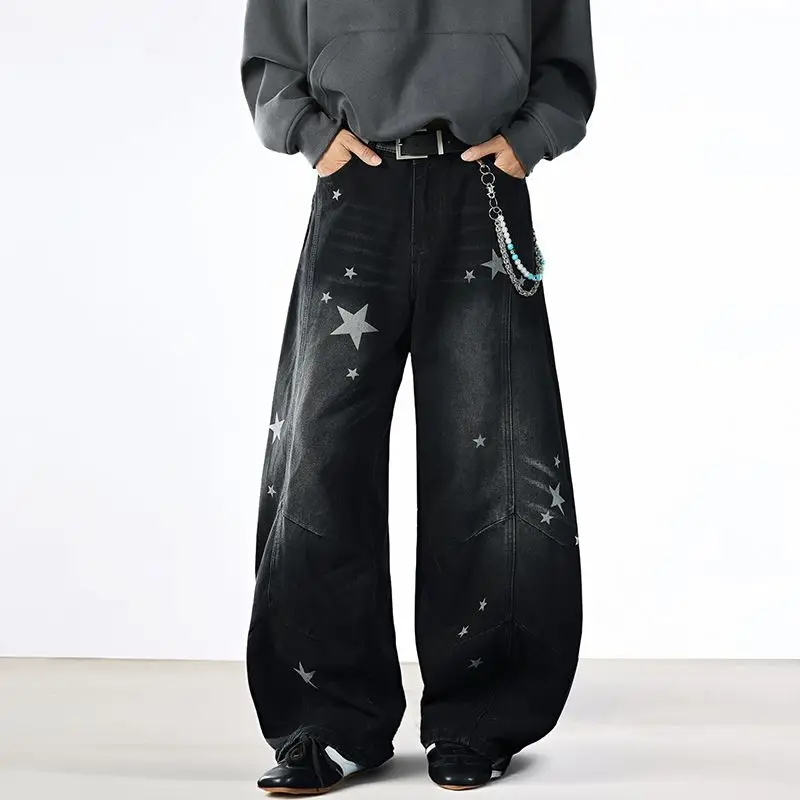 مع جيوب بنطلون أسود نجمة مستقيم الساق السراويل للنساء عالية الخصر النار المرأة الجينز الاتجاه 2025 السراويل