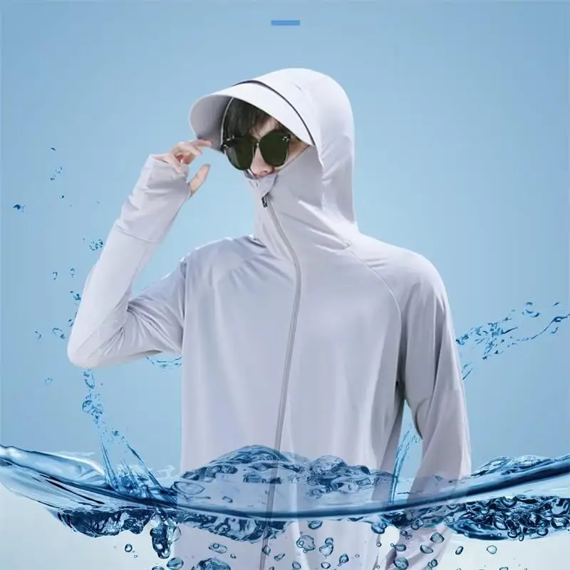 Men's Summer Lightweight Quick Dry Zipper Outdoor Fishing Hooded Sun Protection Cardigan Fashionable Casual Loose Fit Long Sl...