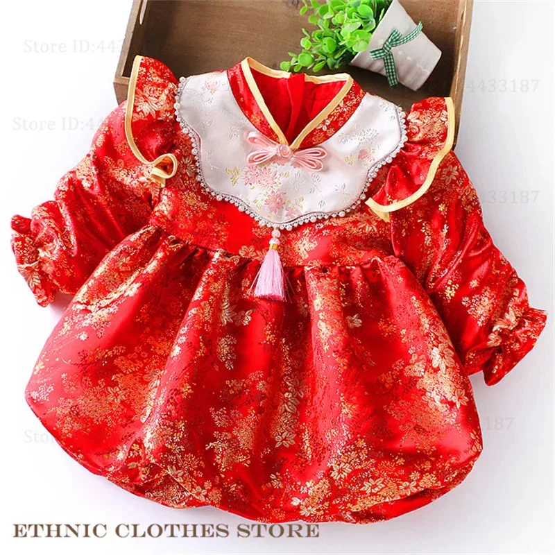 

Костюм Тан для маленьких девочек, однолетнее платье, изысканный парчовый цветок, костюм на китайский Новый год, юбка принцессы, одежда для фотосъемки