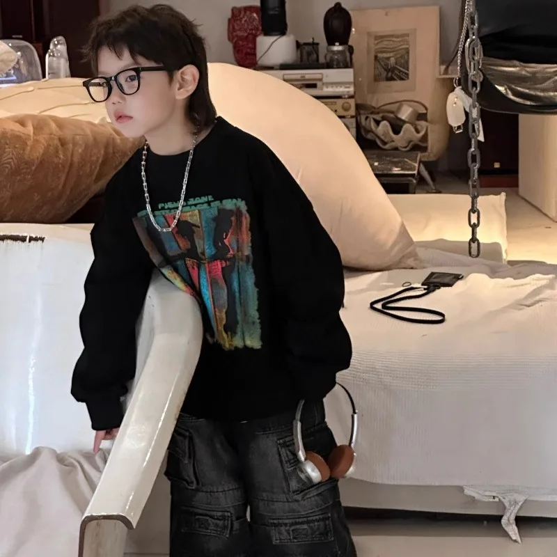 

2025 Autumn New Medium-Large Kids Korean Style Abstract Design Versatile Fleece-Lined No Hood Sweatshirt Trendy