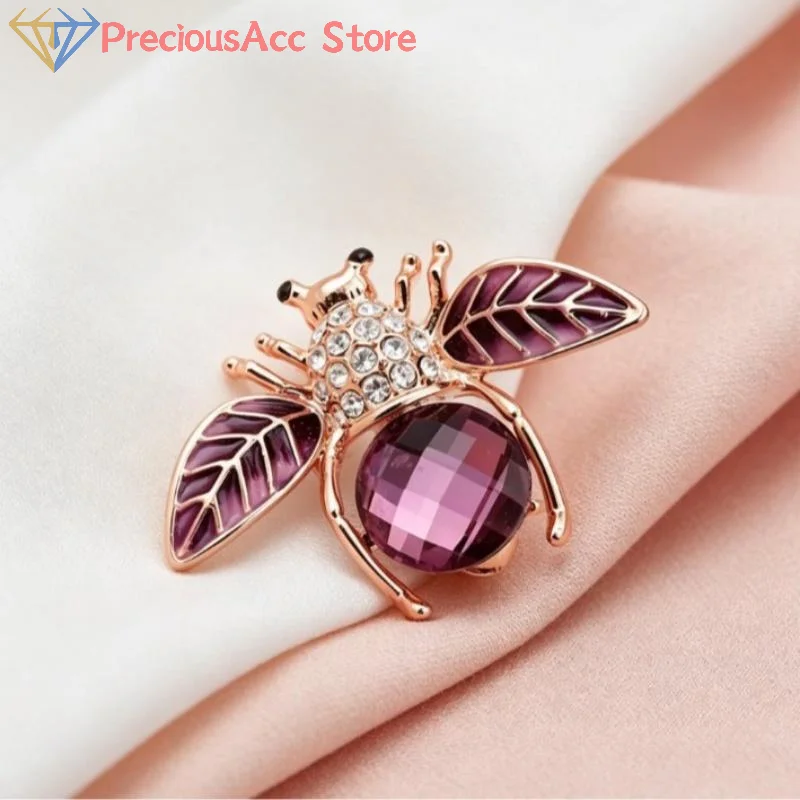 Purple Crystal Bee Brooch Rose Gold Plated Rhinestone Enamel Wing Pin For Wedding Party Wear