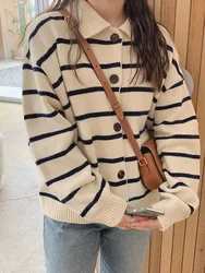 White Black Striped cashmere Cardigan Women cashmere Sweater Elegant Long Sleeve Autumn and Winter Cashmere Cardigan Women