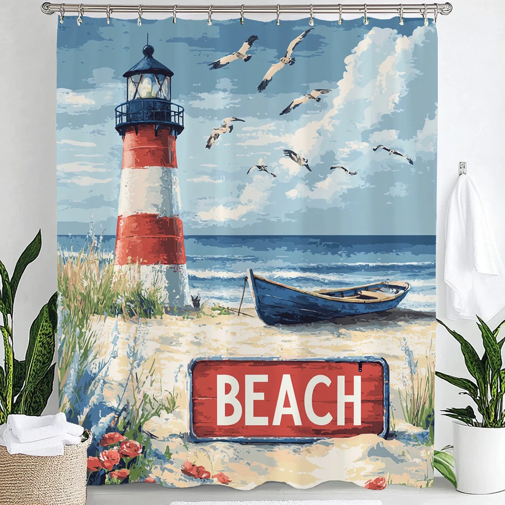 

Blue Ocean Beach Seaside Lighthouse Style Shower Curtain, Bathroom Decorative Shower Curtain, Home Curtain with Hooks