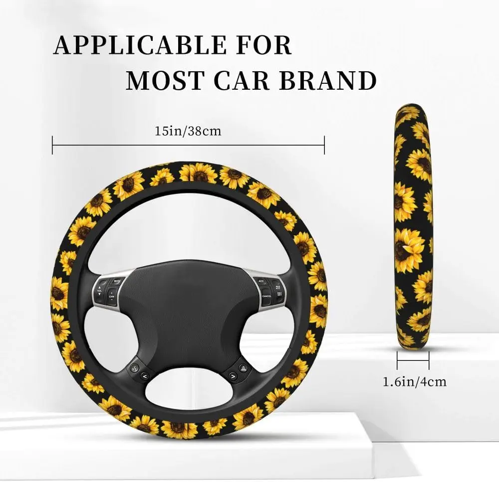 Yellow Sunflowers on Black Steering Wheel Covers, Breathable Anti-Slip Sweat Absorption Universal 15 Inch Car Wheel Cover Access