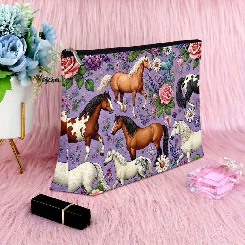 Un beau sac de maquillage cheval et fleur – jolie pochette multifonctionnelle à fermeture éclair pour femmes, sac de rangement de bijoux