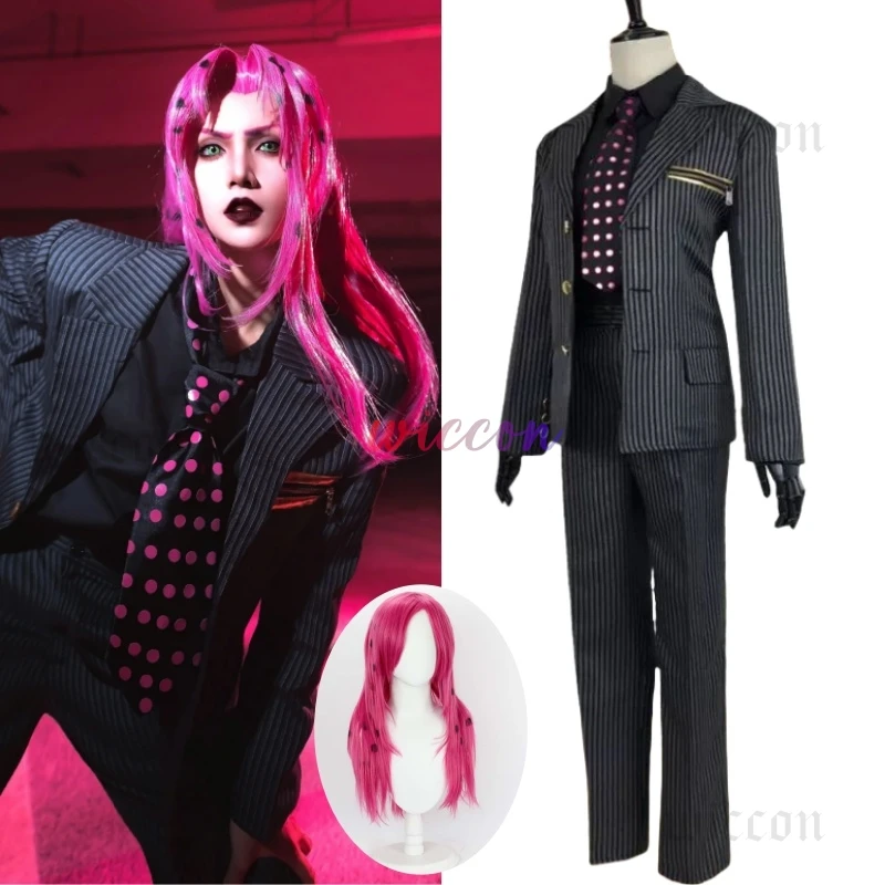 

Anime Golden Wind Diavolo Cosplay Costume Wig Black Stripe Suit Coat Adult Man Woman Carnival Uniform